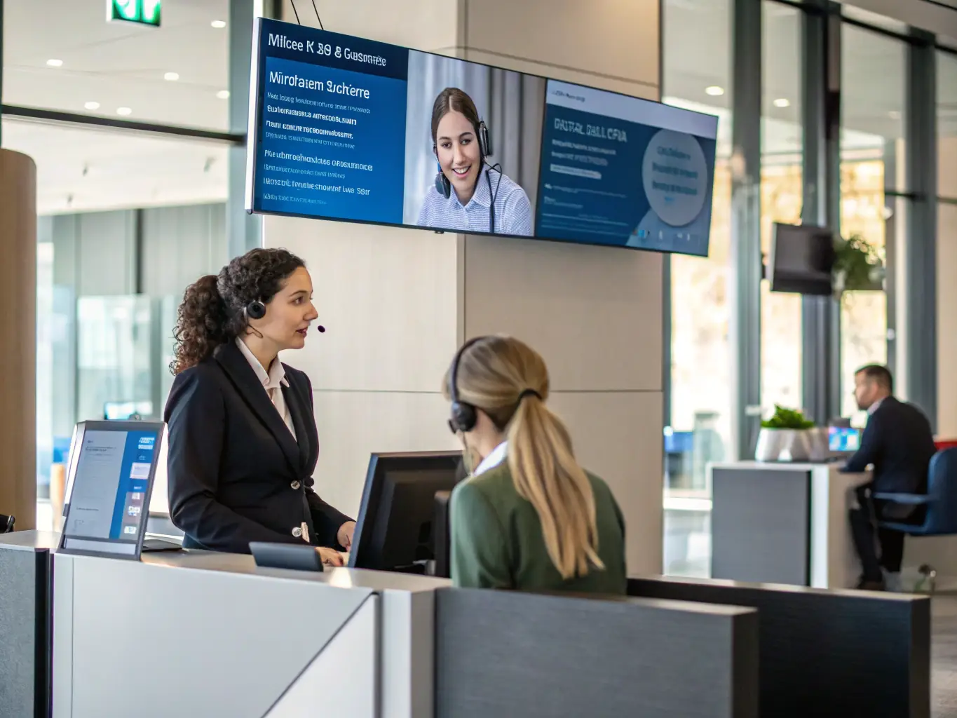 A professional, brightly lit office setting with a friendly AI receptionist avatar displayed on a digital screen, managing multiple calls and appointments efficiently.
